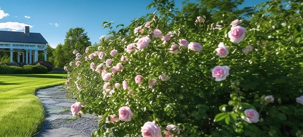 Chemin en pierres naturelles longeant un massif de rosiers roses, menant à une maison élégante entourée d’un aménagement paysager verdoyant.
