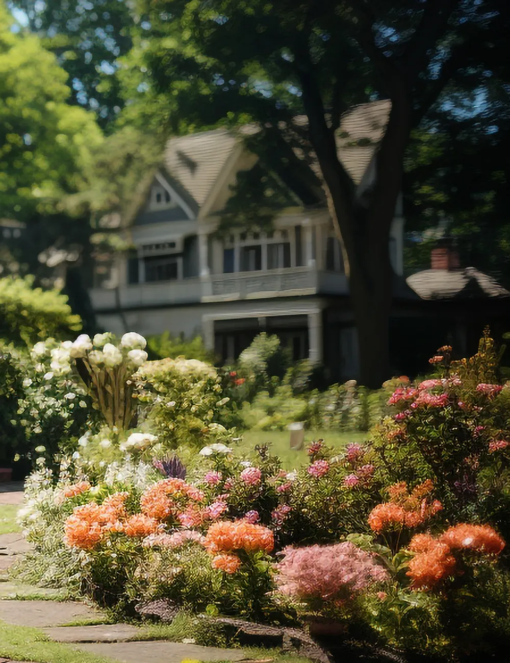 Jardin avant d’une maison résidentielle avec pelouse verte et massifs de fleurs colorées, dans un aménagement paysager élégant.