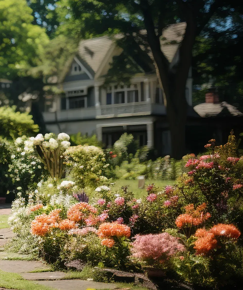 Beautifully landscaped garden with blooming flowers and lush green lawn in front of a charming residential house.